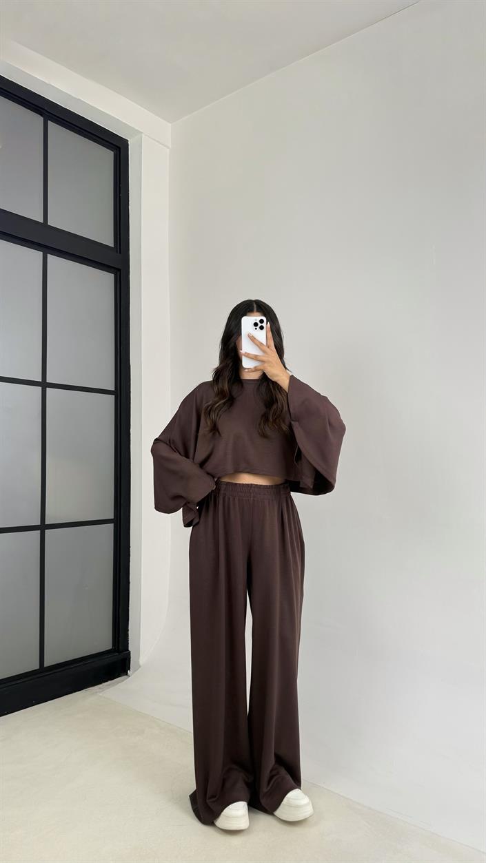 Acı Kahve Yarasa Kol Crop Beli Lastikli Pantolon OYS Muadil Modal Takım GAUS-0080