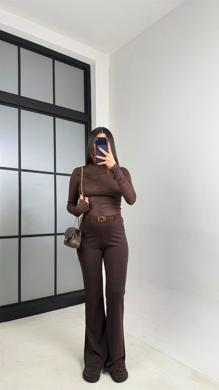 Kahve Kemerli Palazzo Tayt Pantolon GAUS-00958