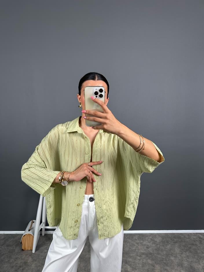 Foam Premium Yeşil Çizgili Oversize Gömlek