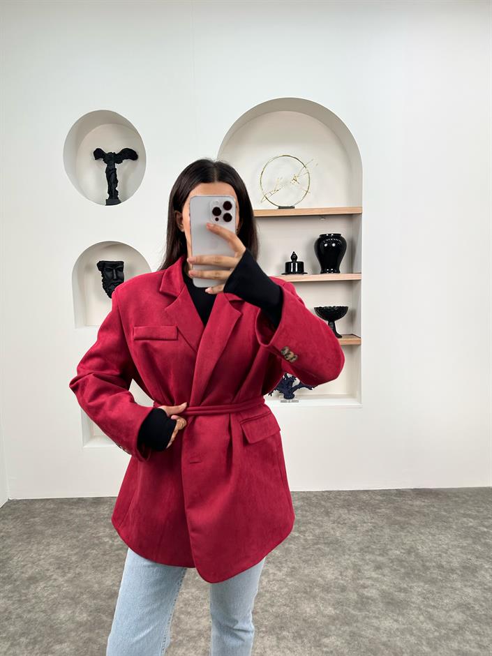 Taila Bordo Astarlı Kemerli Süet Blazer Ceket