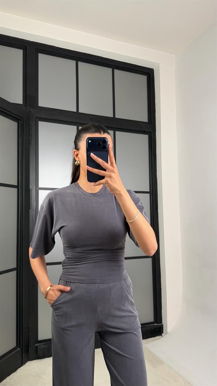 Füme Bluz Beli Lastikli Pantolon Modal Muadil Takım GAUS-01547