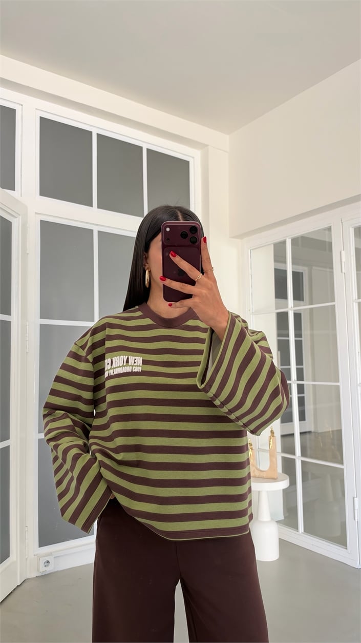 Yeşil Şeritli Baskılı Sweatshirt GAUS-02121 GAUS-02259