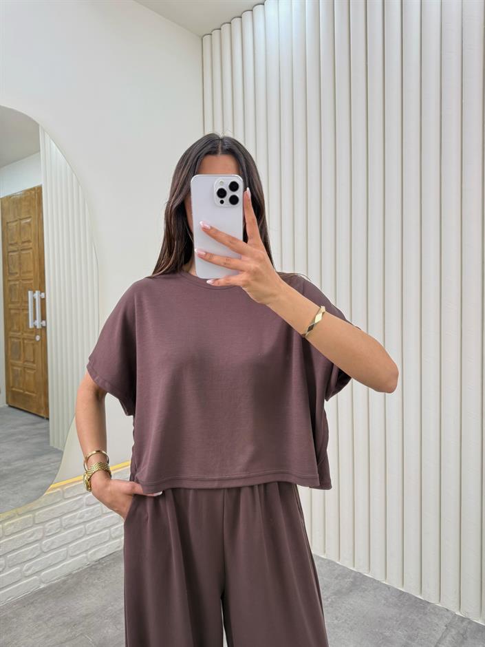 Kahve  Balon Pantolon Modal Kumaş İkili Takım Gaus00320