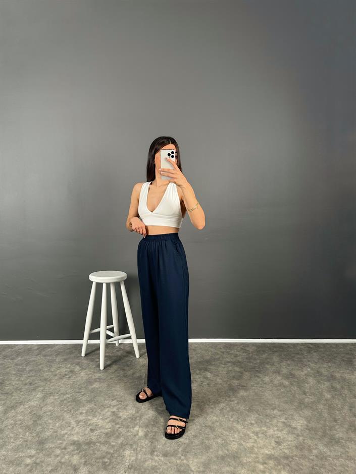 Allda Lacivert İthal Kumaş Beli Lastikli Pantolon