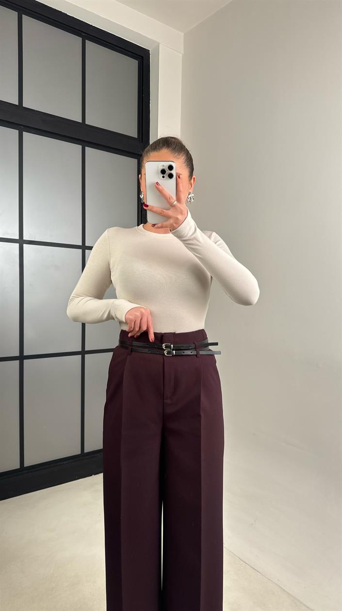 Mürdüm Çift Kemerli Pileli Kumaş Pantolon GAUS-00896