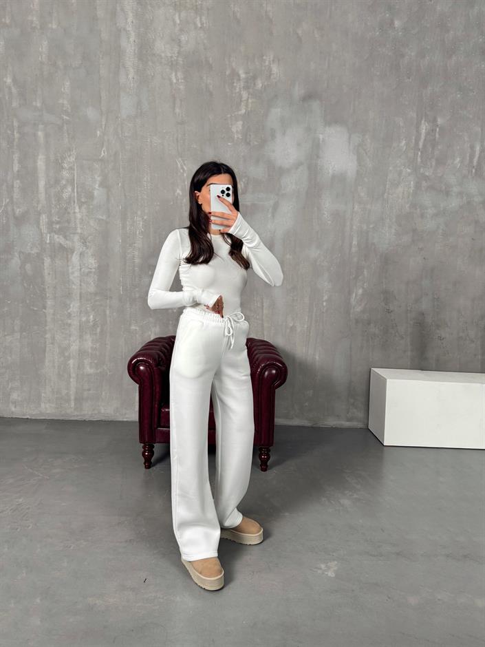 Seps Beyaz Üç İplik Şardonlu Cepli Eşofman Altı