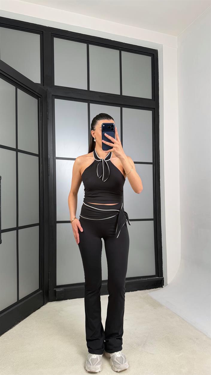 Siyah OYS Model Fiyonk Detaylı Crop Tayt Takım GAUS-01407