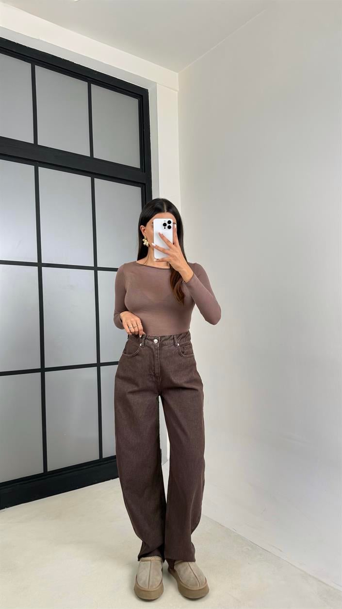 Kahve Eskitmeli Kesik Geniş Paça Jean GAUS-00569