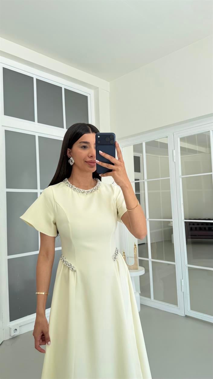 Sarı Taş Detaylı Midi Elbise GAUS-01683