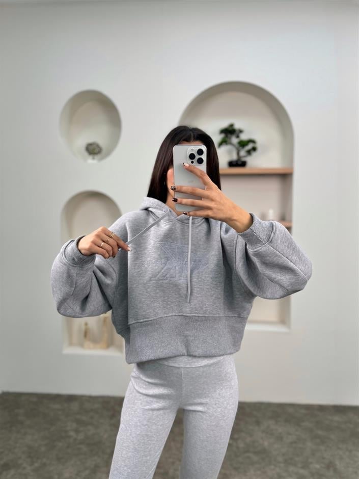 Jime Gri Muadil Crop Kapüşonlu Şardonlu Sweatshirt