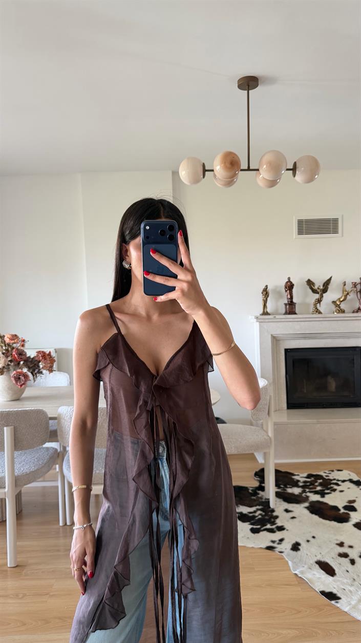 Kahve Fırfır Detaylı Tasarım Kimono GAUS-01619