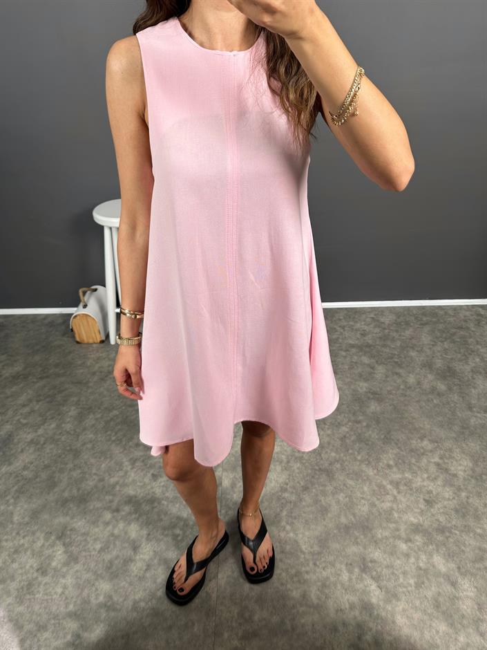 Lonse Şeker Pembe Keten Sıfır Kol Basic Elbise