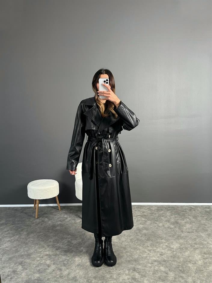 Siyah Premium Uzun Oversize Deri Ceket 