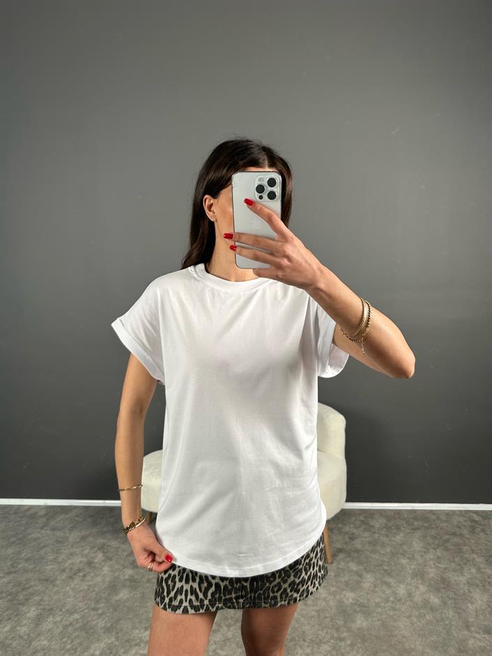 MN Beyaz Kol Katlamalı Basic Tshirt