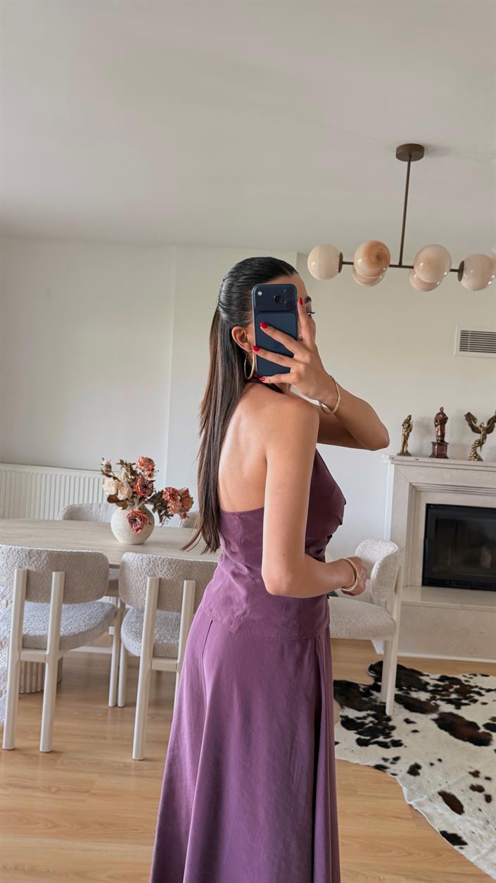 Mürdüm Halter Yaka Gold Toka Detaylı Bluz Etek İkili Premium Takım GAUS-01631