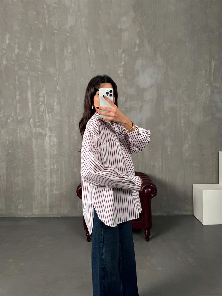 Vory Bordo Çizgili Beyaz Oversize Gömlek