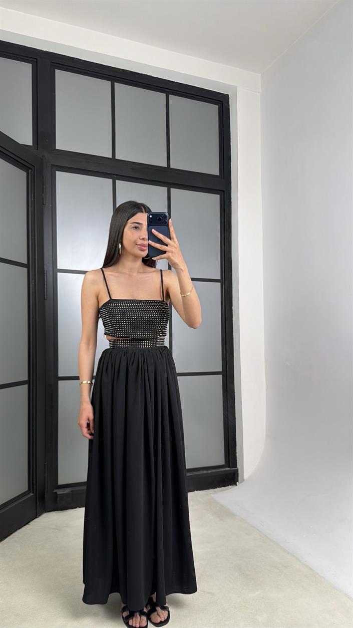 Siyah Ayarlanabilir Askılı Crop Astarlı Etek Taş Detaylı Takım GAUS-01510