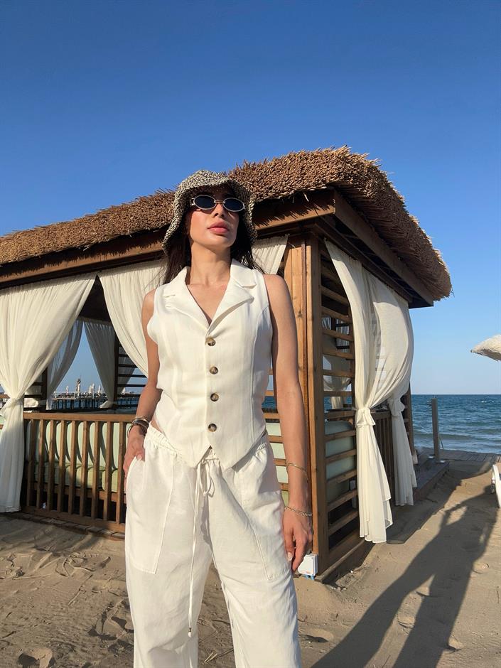 ZR Casey Beyaz Astarlı Arkası Bağlamalı Keten Yelek 