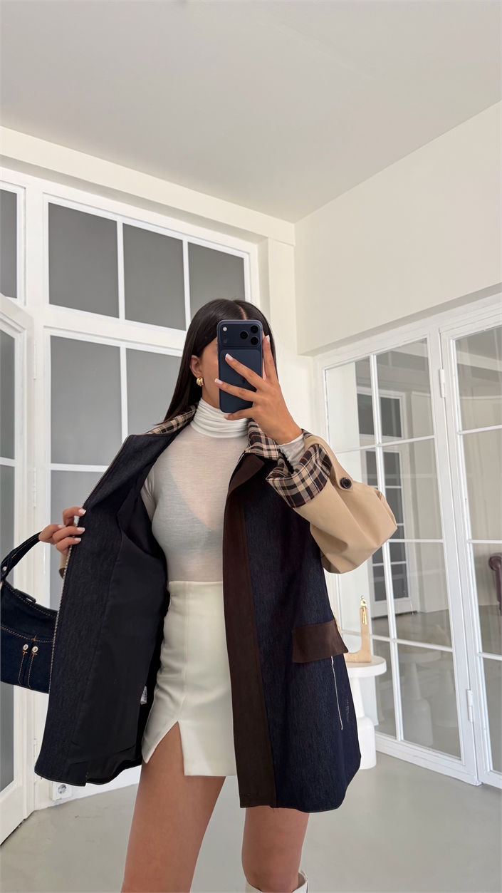 Çok Renkli Astarlı Ekoseli Cep Detaylı Denim Ceket GAUS-02068