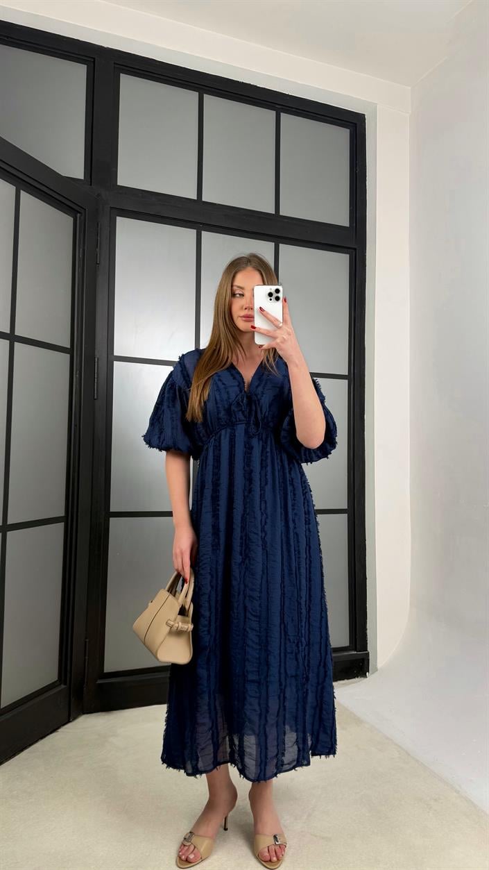 Lacivert Püsküllü V Yaka Balon Kol Elbise GAUS-01232