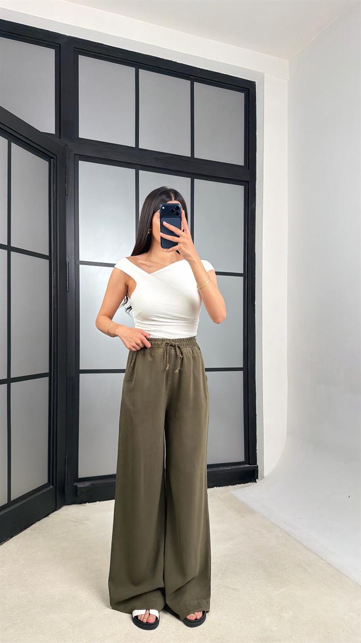 Yeşil Beli Lastikli Tencel Denim Pantolon GAUS-01474
