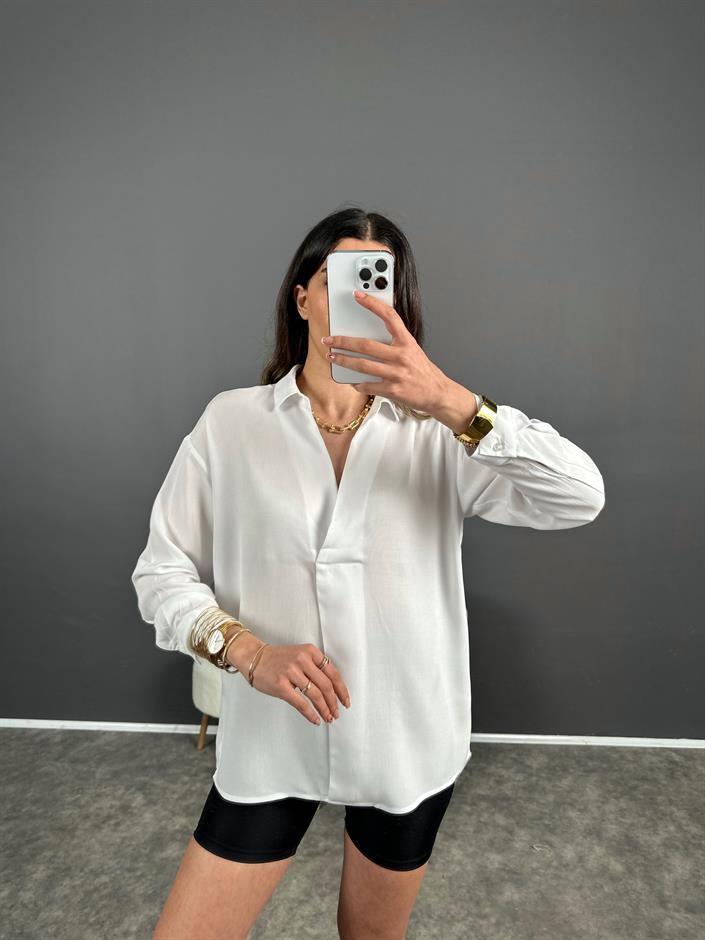 Beyaz Kruvaze Yaka Salaş Bluz