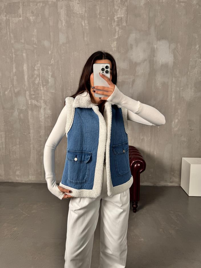 FT Mavi Denim İçi Kürklü Kot Yelek
