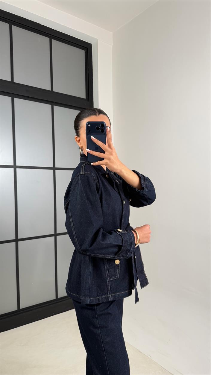 Lacivert Gold Düğmeli Cepli Kuşaklı Ceket Pantolon Denim Takım GAUS-00587