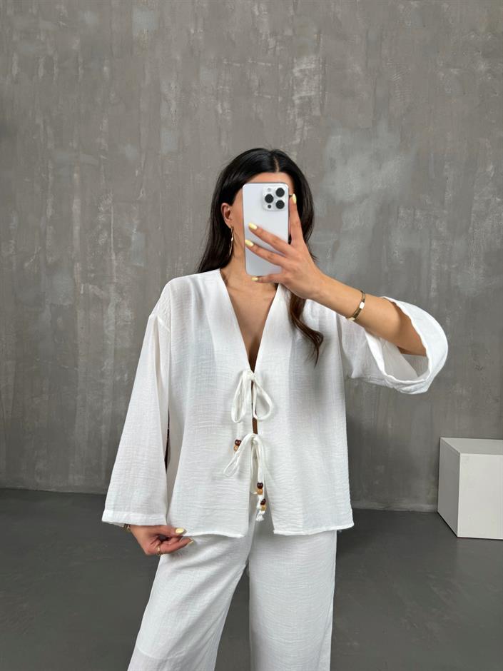 Beyaz Önden Bağlamalı Keten Kimono Takım Gaus00101