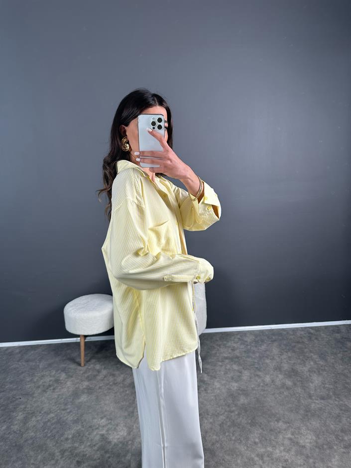 Sonho Sarı İnce Çizgili Oversize Gömlek