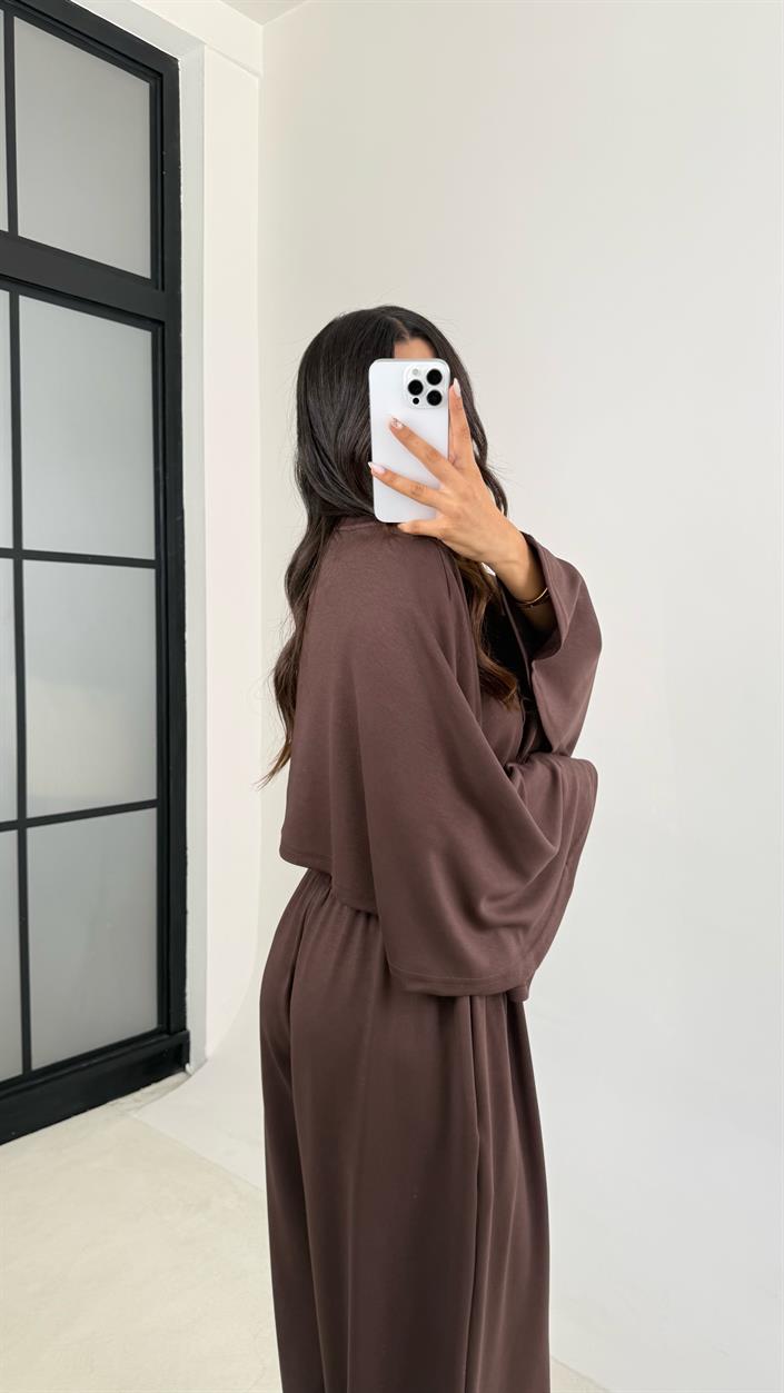 Acı Kahve Yarasa Kol Crop Beli Lastikli Pantolon OYS Muadil Modal Takım GAUS-0080