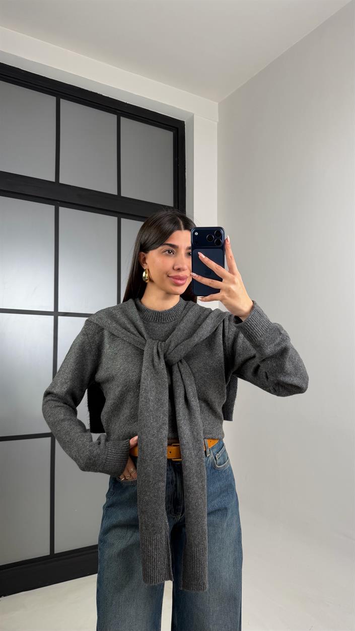 Antrasit Şal Detaylı Triko Kazak GAUS-00862