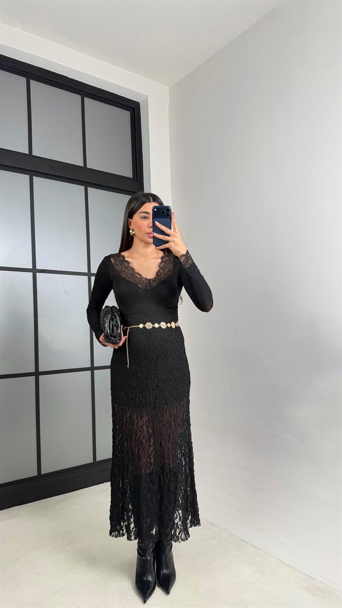 Siyah Astarlı Dantel Etek GAUS-01085