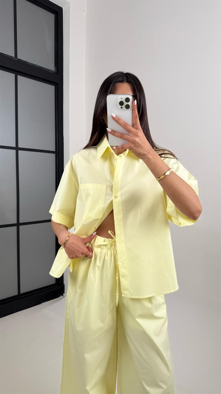 Sarı Yarım Kol Cepli Gömlek Beli Lastikli Pantolon Yarım Astarlı Pamuk Karışımlı Takım Gaus00356