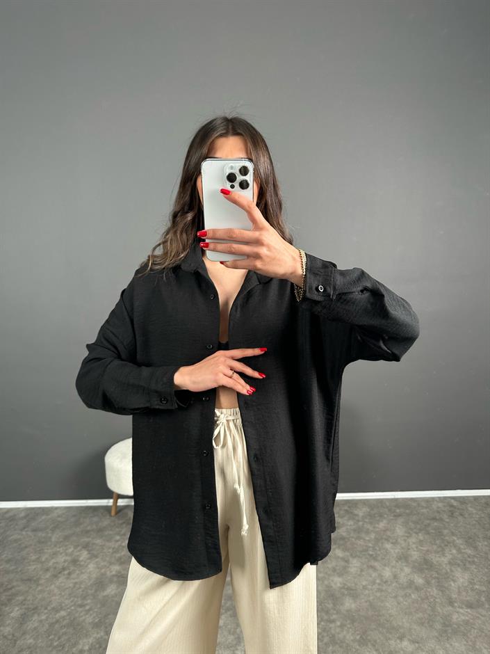 Daria Siyah Keten Oversize Gömlek