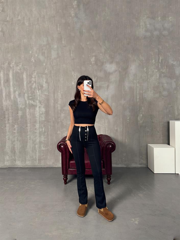 LO Çift Fermuarlı Siyah Çelik İspanyol Paça Tayt