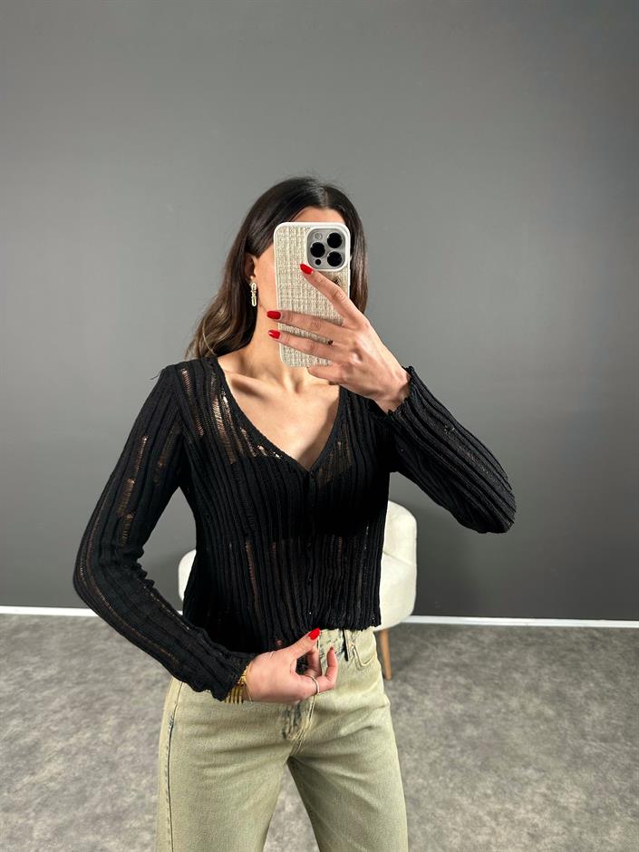 Siyah Ajurlu Crop Hırka