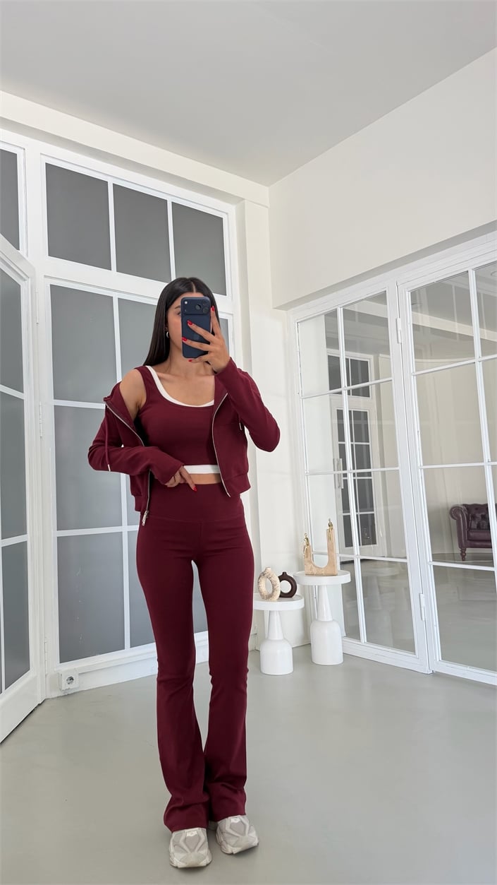 Mürdüm Hırka Crop Beli Lastikli Pantolon 3lü Basic Takım GAUS-01889