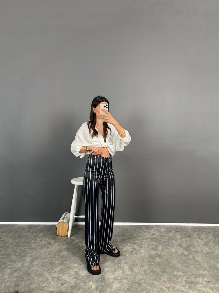 Ryn Siyah Saten Çizgili Zr Model Pantolon