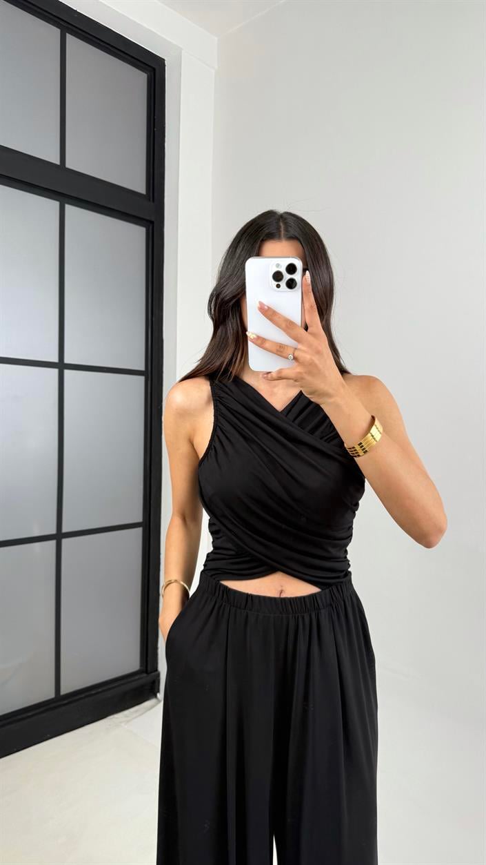 Siyah Oys Muadil Dekolteli Beli Lastikli Cepli Modal Kumaş Tulum Gaus00648