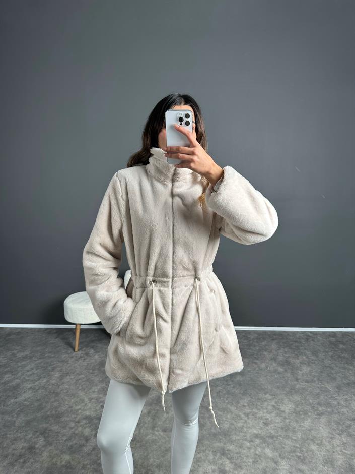 Rozy Krem Fermuarlı Astarlı Peluş Kürk Mont