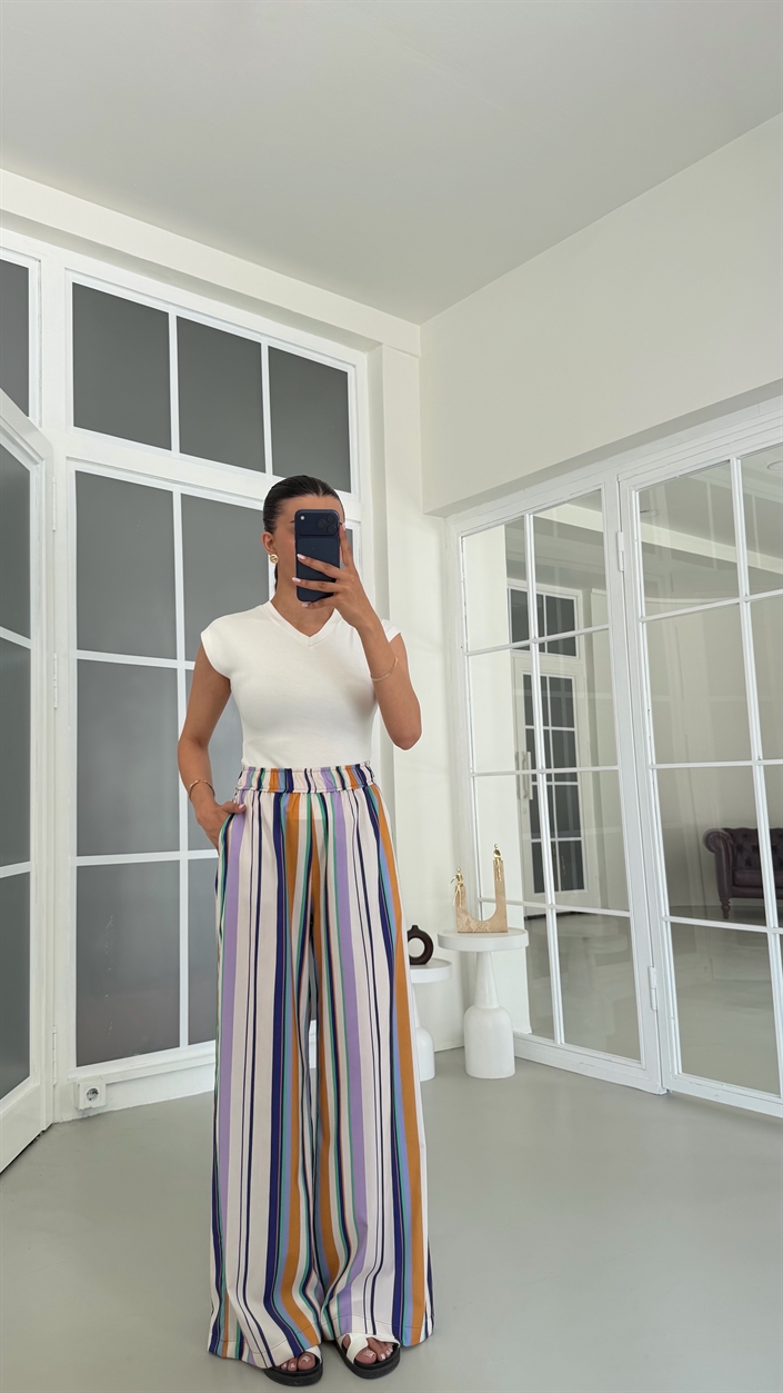 Lacivert Beli Lastikli Şeritli Pantolon GAUS-01824