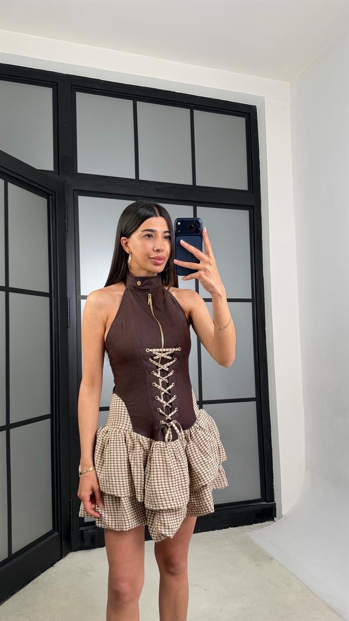 Acı Kahve Korse Detaylı Kareli Elbise GAUS-01531