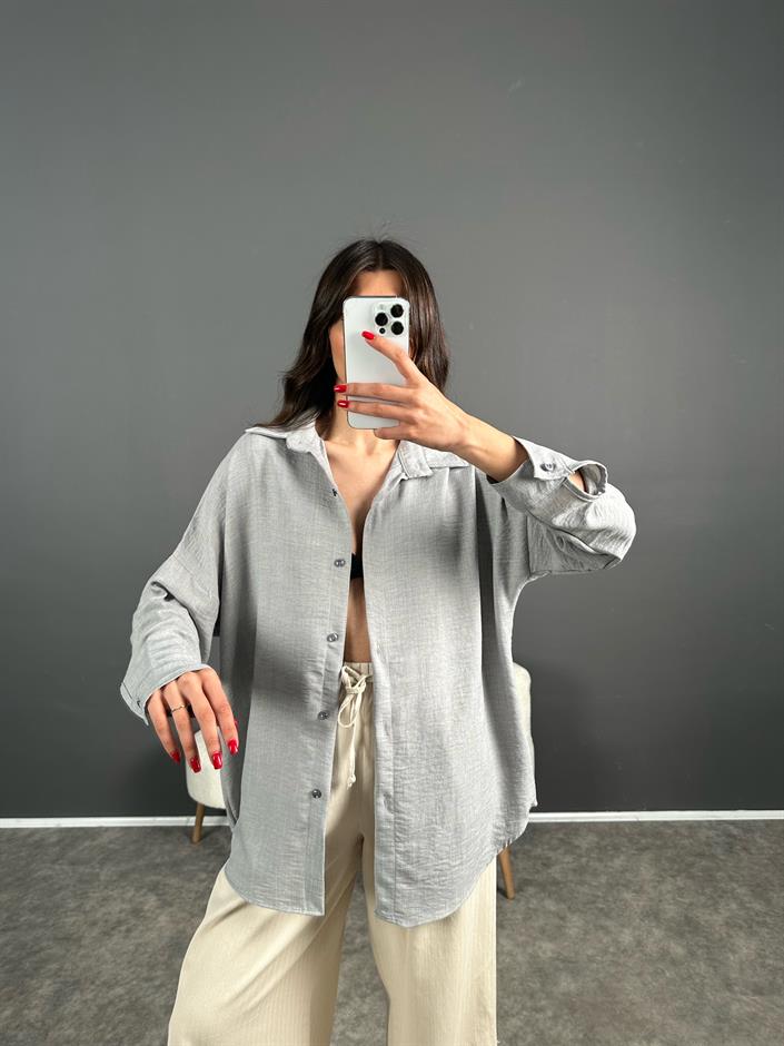 Daria Gri Keten Oversize Gömlek