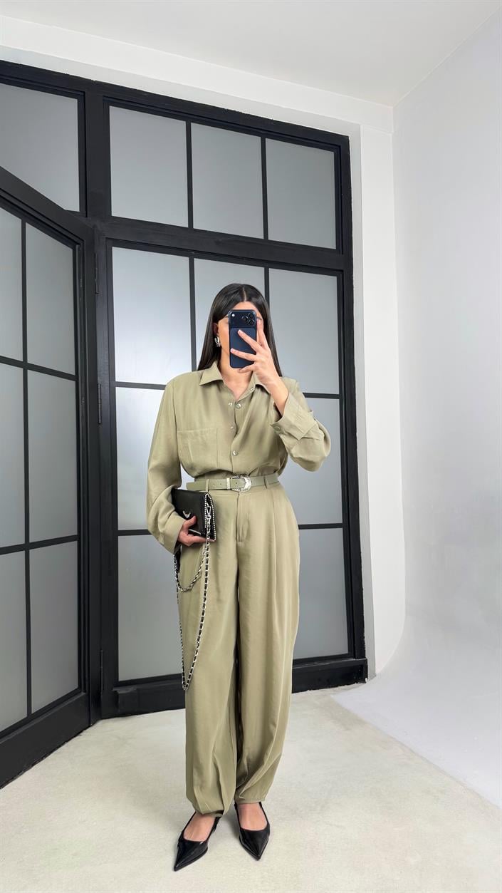Yeşil Vatkalı Gömlek Kemerli Pantolon İkili Tencel Takım GAUS-01319