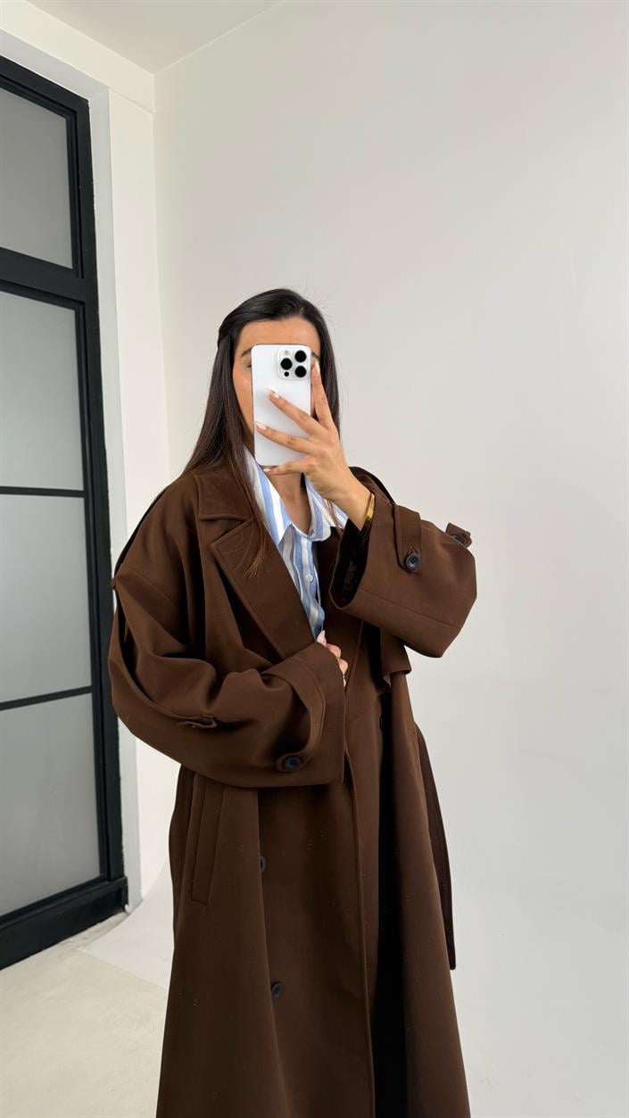 Kahve Kuşaklı Astarlı Cepli Premium Uzun Trençkot GAUS-00119