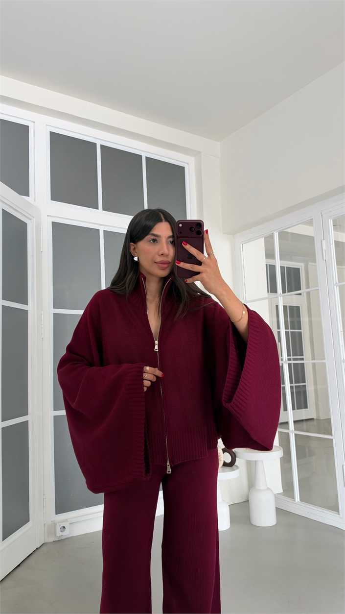 Mürdüm Yarasa Kol Hırka Beli Lastikli Pantolon İkili Triko Takım GAUS-02238