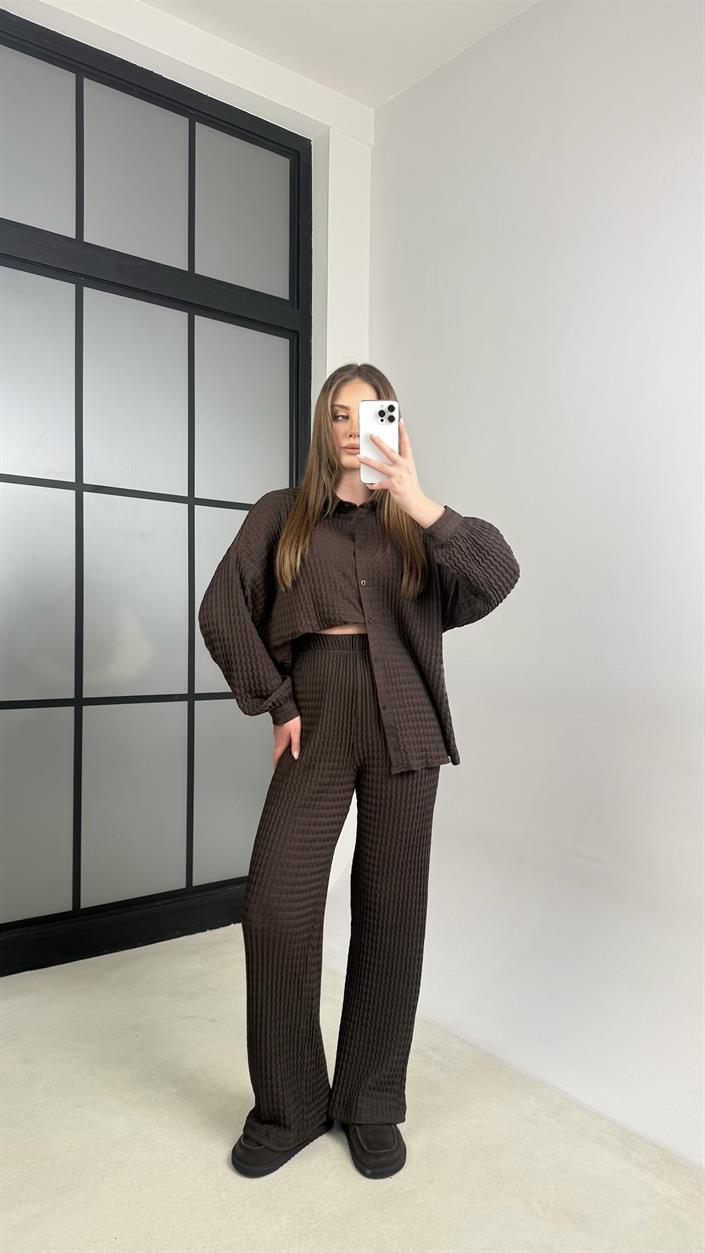 Acı Kahve Gömlek Beli Lastikli Pantolon İkili Bürümcük Takım GAUS-01089