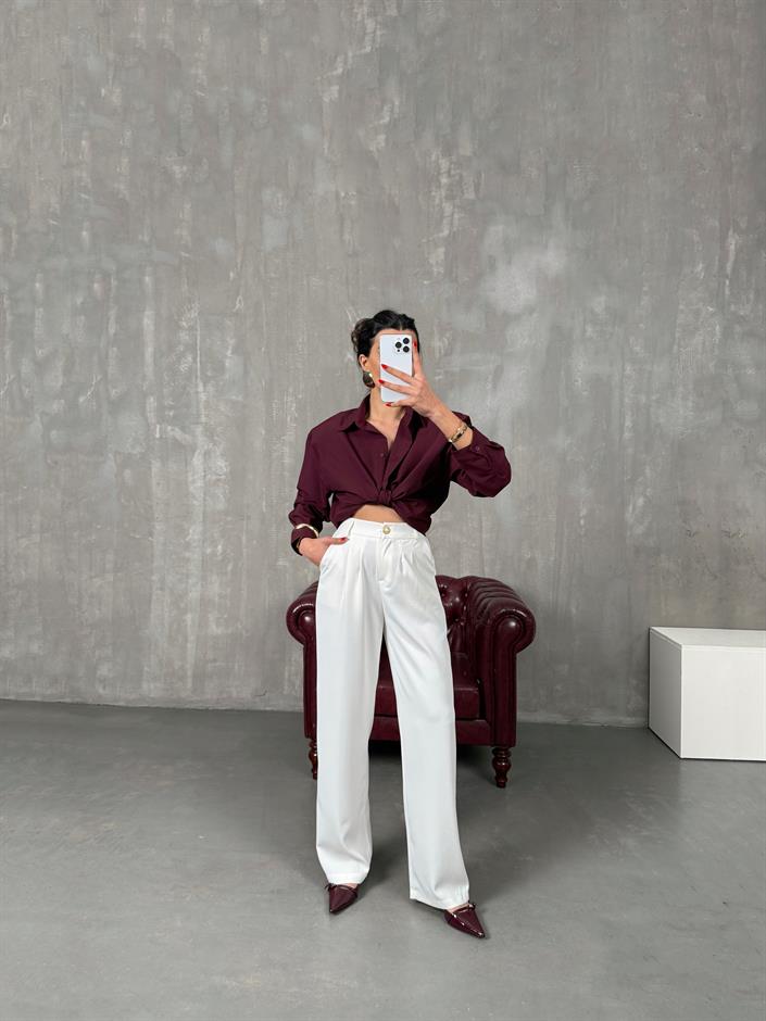 Sagura Beyaz Beli Lastikli Cepli Premium Pantolon