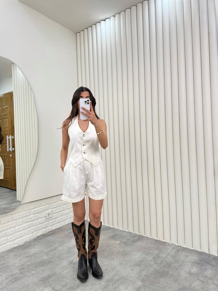 Ekru Beli Gipeli Düğmeli Üst Beli Lastikli Cepli Şort İkili Gabardin Takım Gaus00301